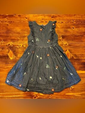 Mini Boden Dark Denim /Chambray dress w Red, White, and Green Floral Embroidery